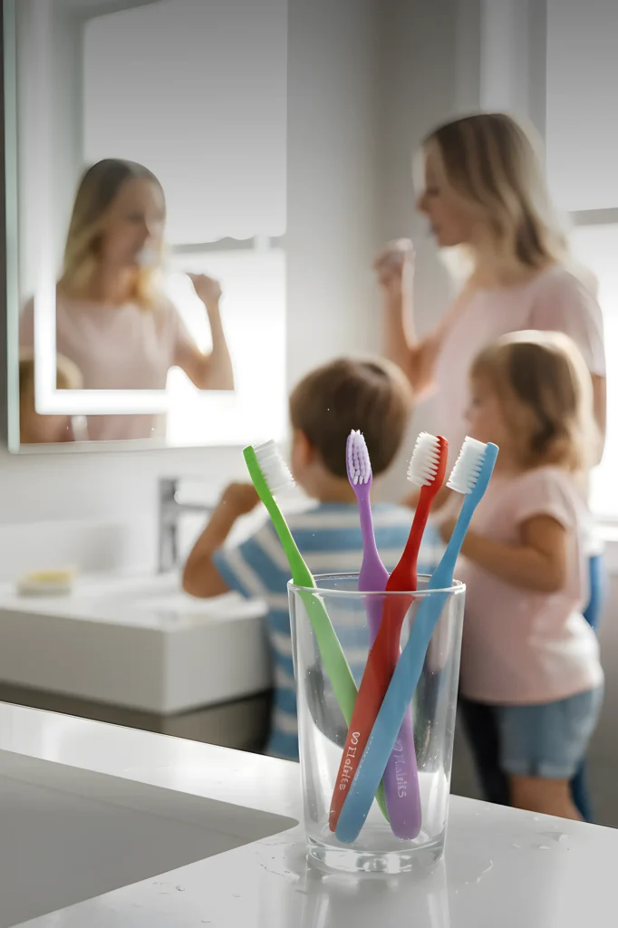 En familj borstar tänderna i ett badrum, med Habits tandborstar i ett glas på bänken